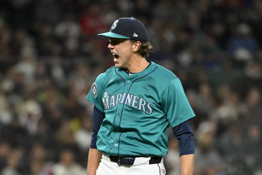 Logan Gilbert of the Seattle Mariners reacts to striking out a batter against the Boston Red Sox, and we're offering our top MLB player props and best bets based on the best MLB odds.