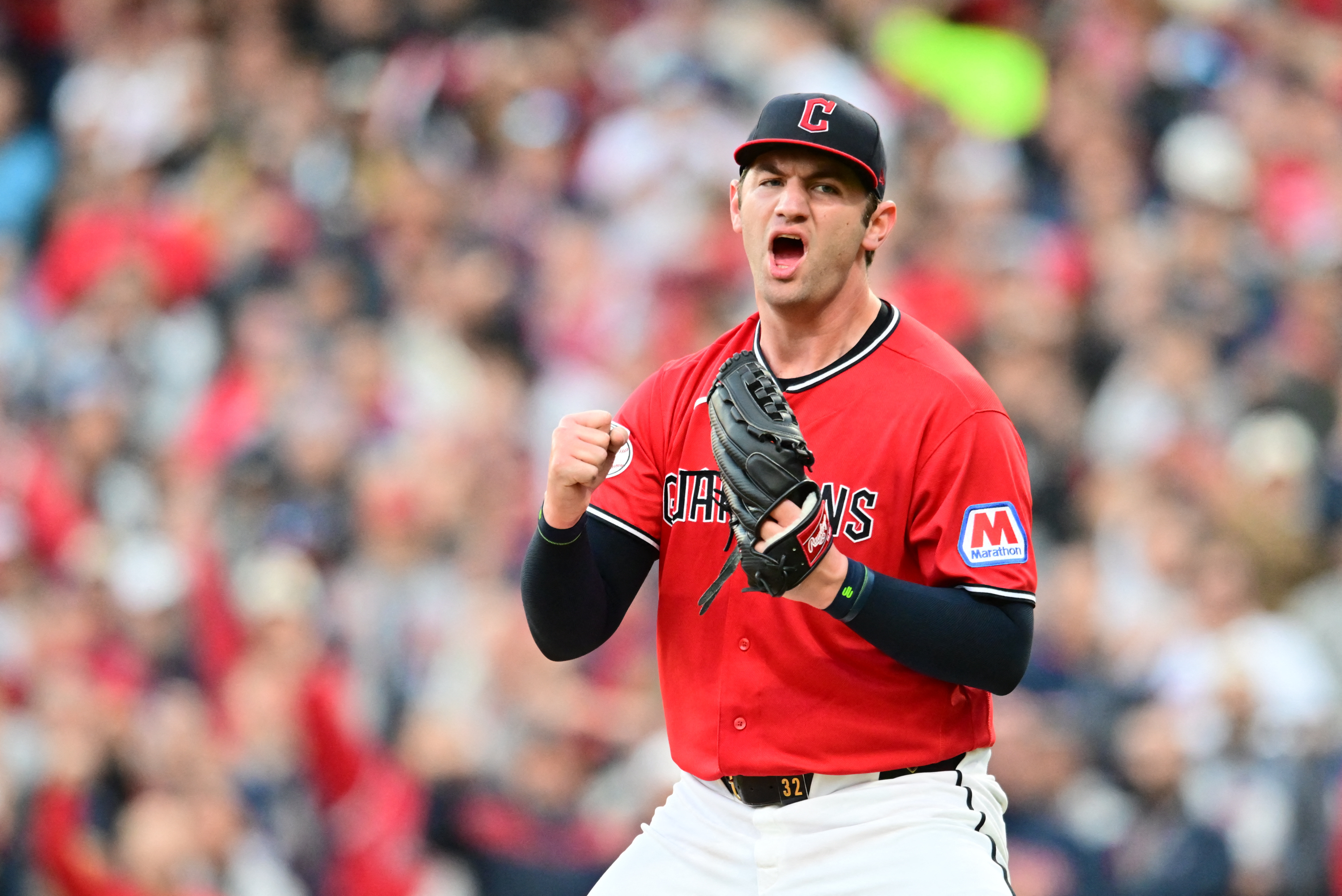 Cleveland Guardians pitcher Gavin Williams (32) reacts in the fourth inning as we make our best Rays vs. Guardians prediction.