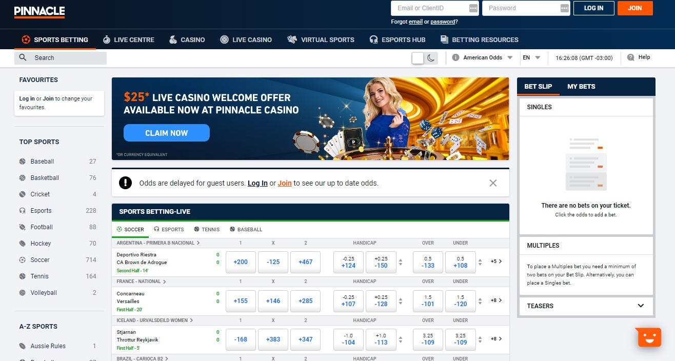 Pinnacle Sportsbook home page<br>