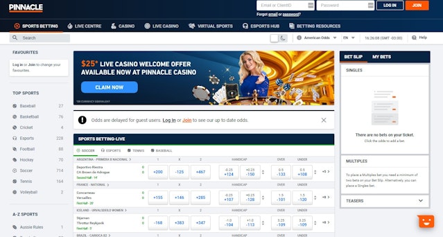 Pinnacle Sportsbook home page<br>