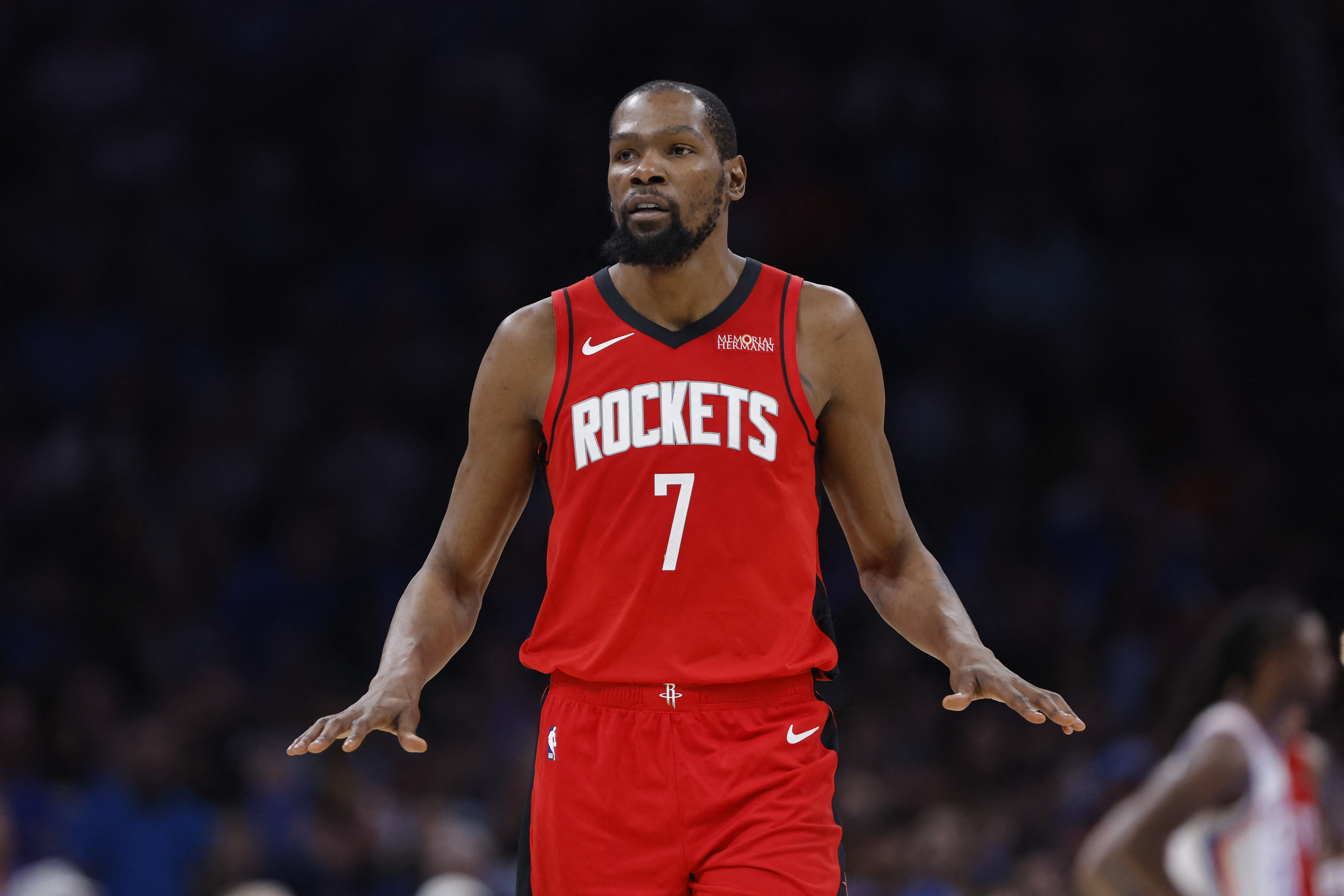 Houston Rockets forward Kevin Durant (7), seen here during a timeout, headlines our Rockets vs. Magic player props today.