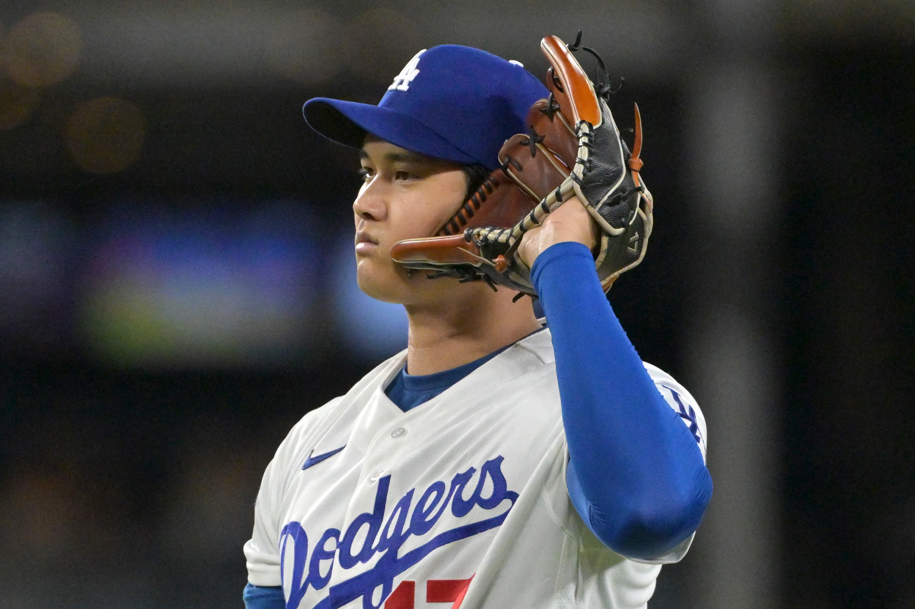 Los Angeles Dodgers starting pitcher Shohei Ohtani (17), seen here reacting during a game, is featured in our Giants vs. Dodgers win probability.