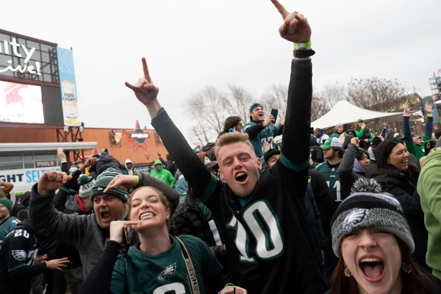 Fans celebrate as the Philadelphia Eagles win the NFC championship to progress on to Super Bowl 57. 