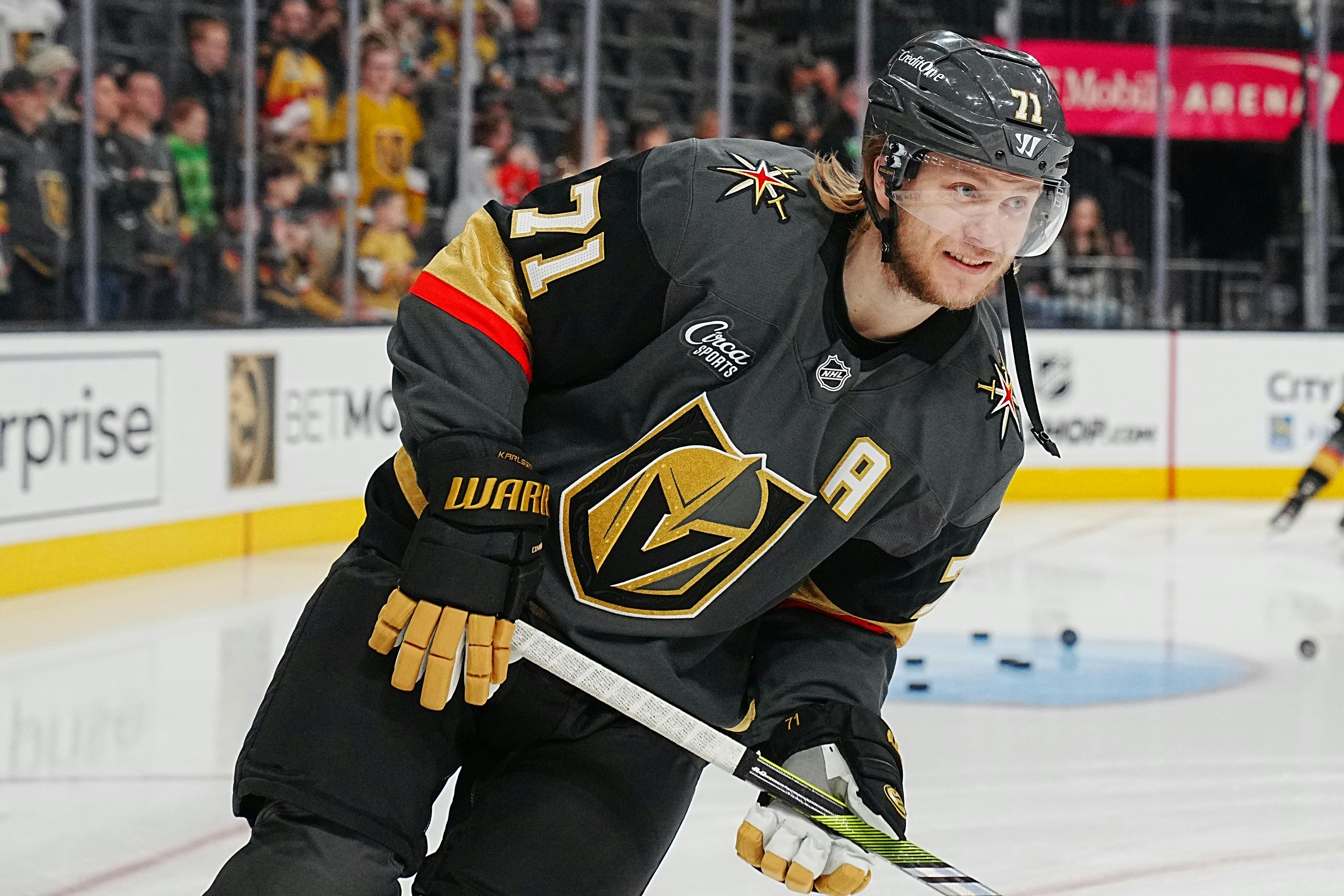 Vegas Golden Knights center William Karlsson warms up before a game against the Anaheim Ducks as we detail the birthdays of NHL greats born in January. 