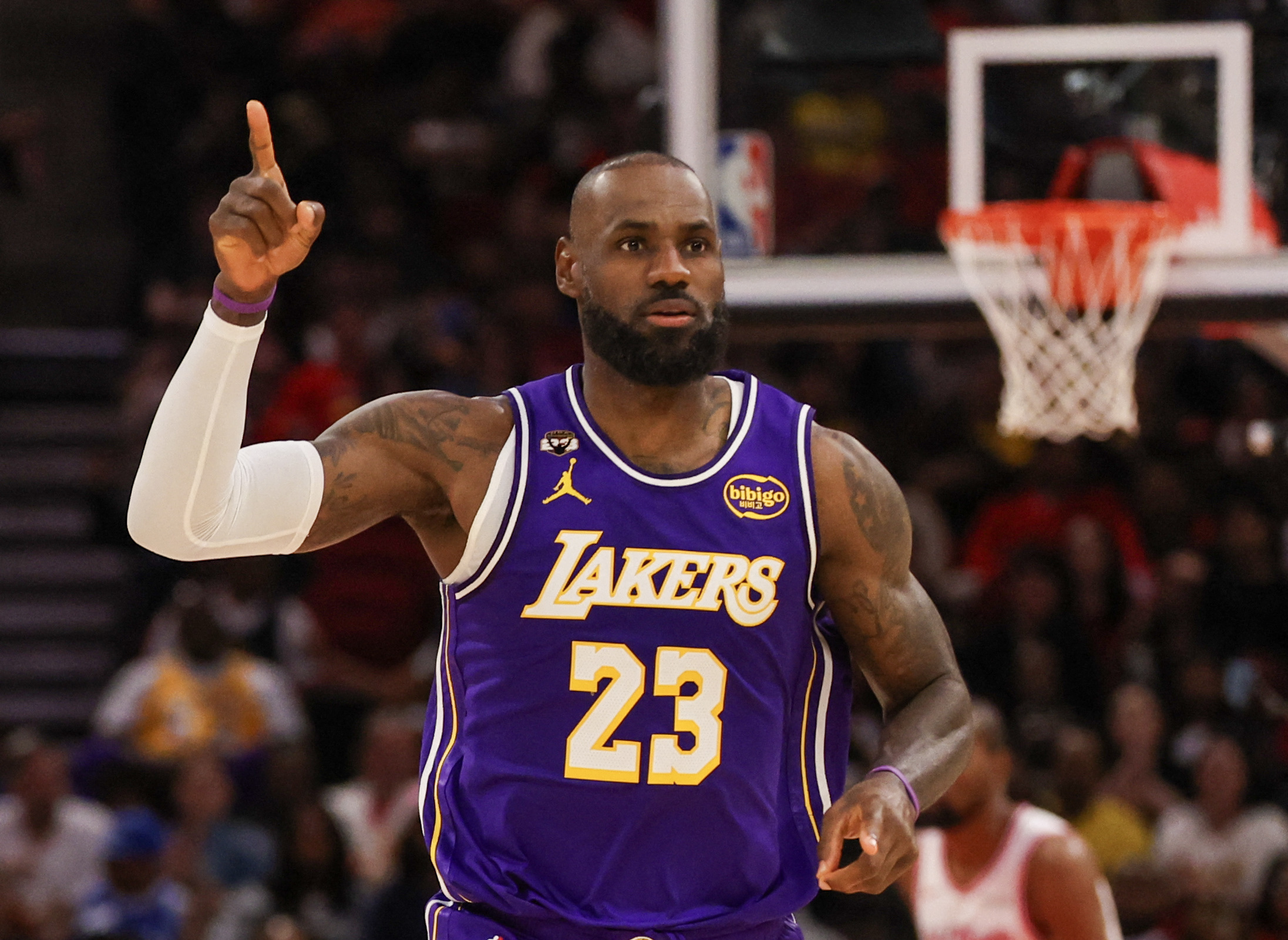 Los Angeles Lakers forward LeBron James (23) reacts to his basket against the Houston Rockets in the second quarter at Toyota Center.