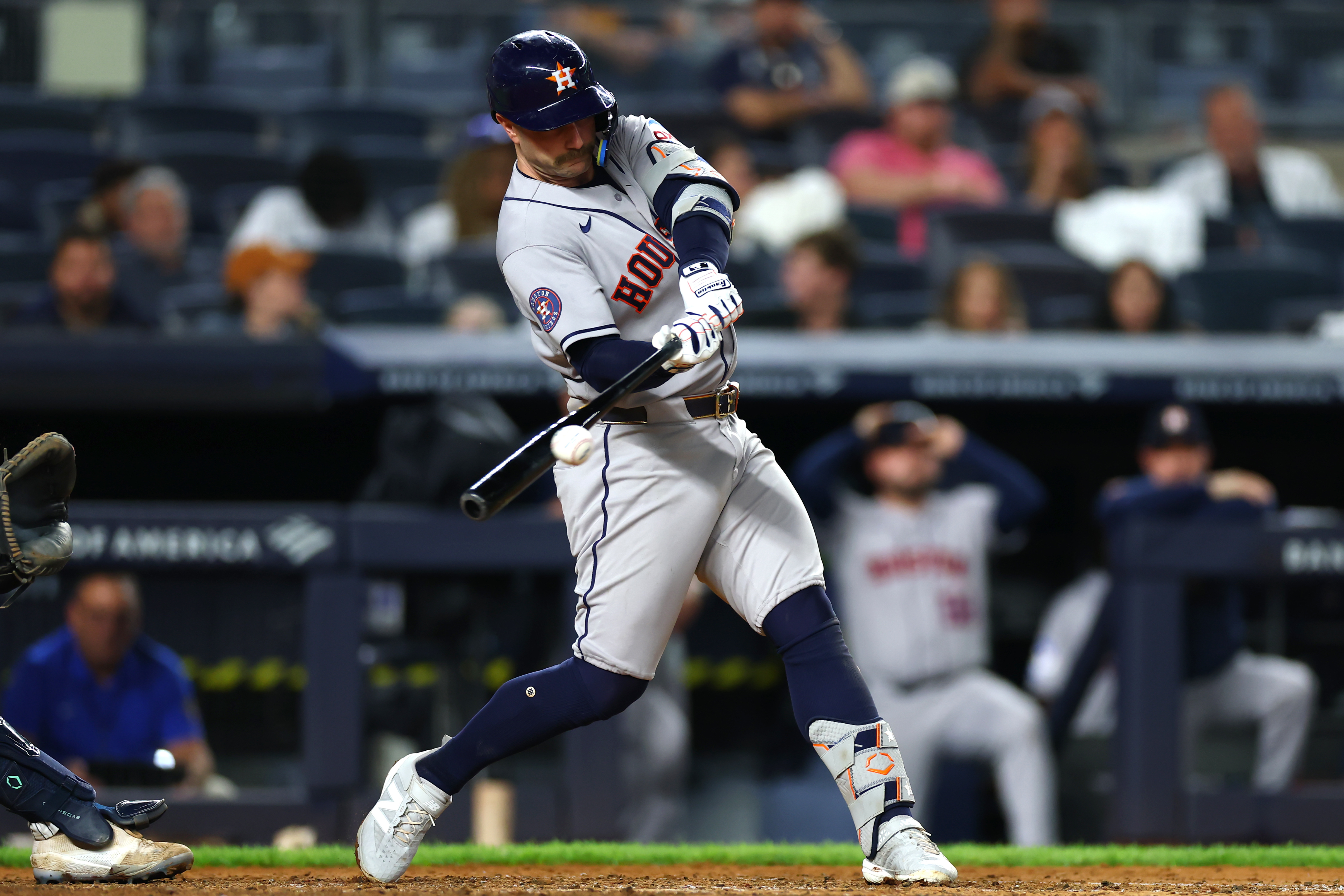 Houston Astros first baseman Christian Walker (8) hits a double in the eighth inning against the New York Yankees at Yankee Stadium. 