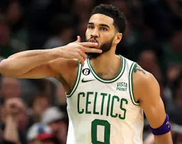 Jayson Tatum of the Boston Celtics celebrates after hitting a 3-point shot against the New York Knicks, and we offer our top player props for 76ers vs. Celtics based on the best NBA odds.