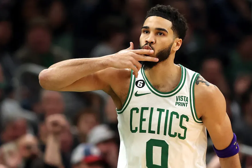 Jayson Tatum of the Boston Celtics celebrates after hitting a 3-point shot against the New York Knicks, and we offer our top player props for Celtics vs. Pacers based on the best NBA odds.