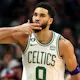 Jayson Tatum of the Boston Celtics celebrates after hitting a 3-point shot against the New York Knicks and we offer our top odds and picks for Pacers vs. Celtics.