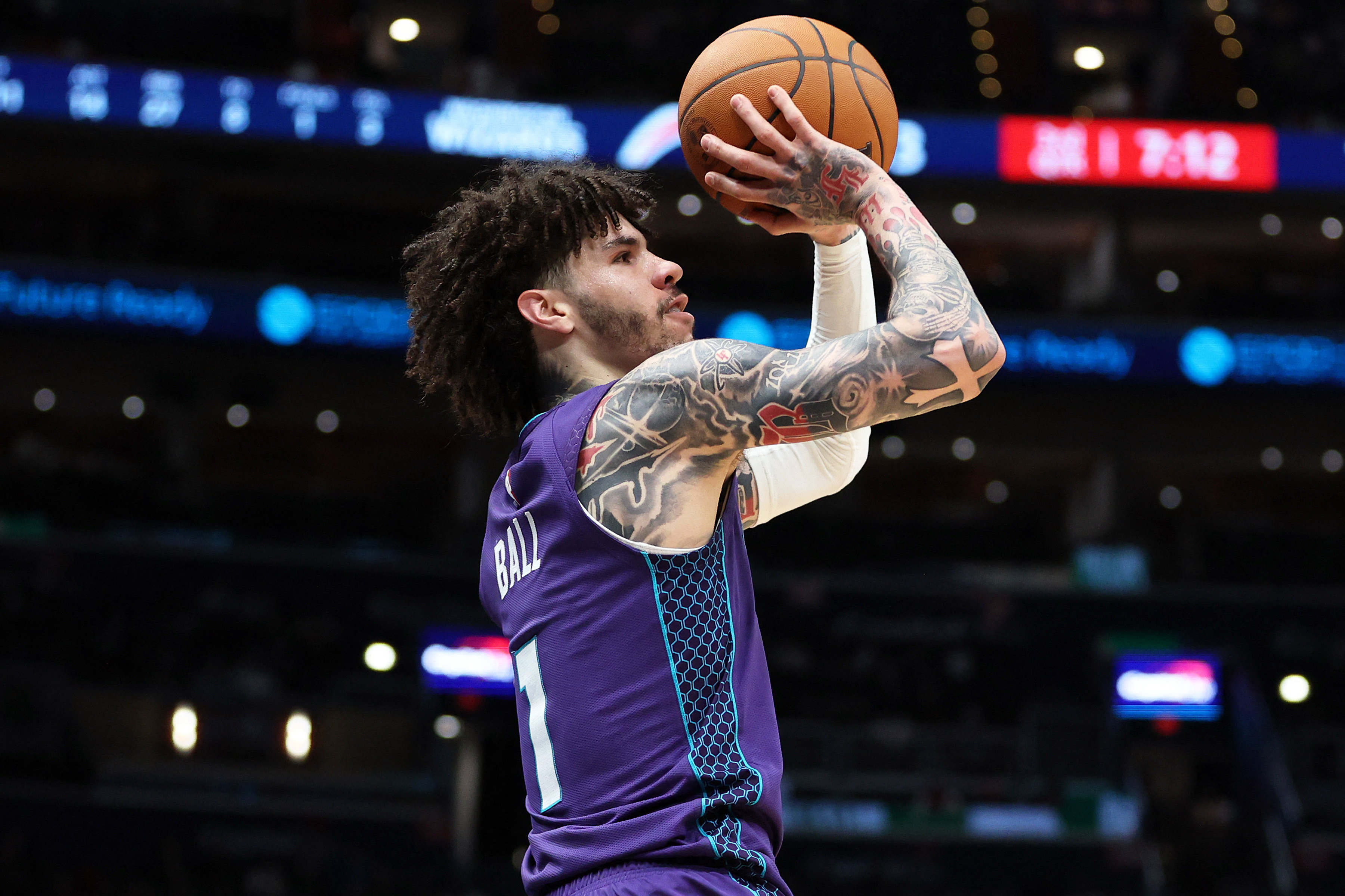 Charlotte Hornets guard LaMelo Ball - who's featured in my NBA player props - takes a shot. 