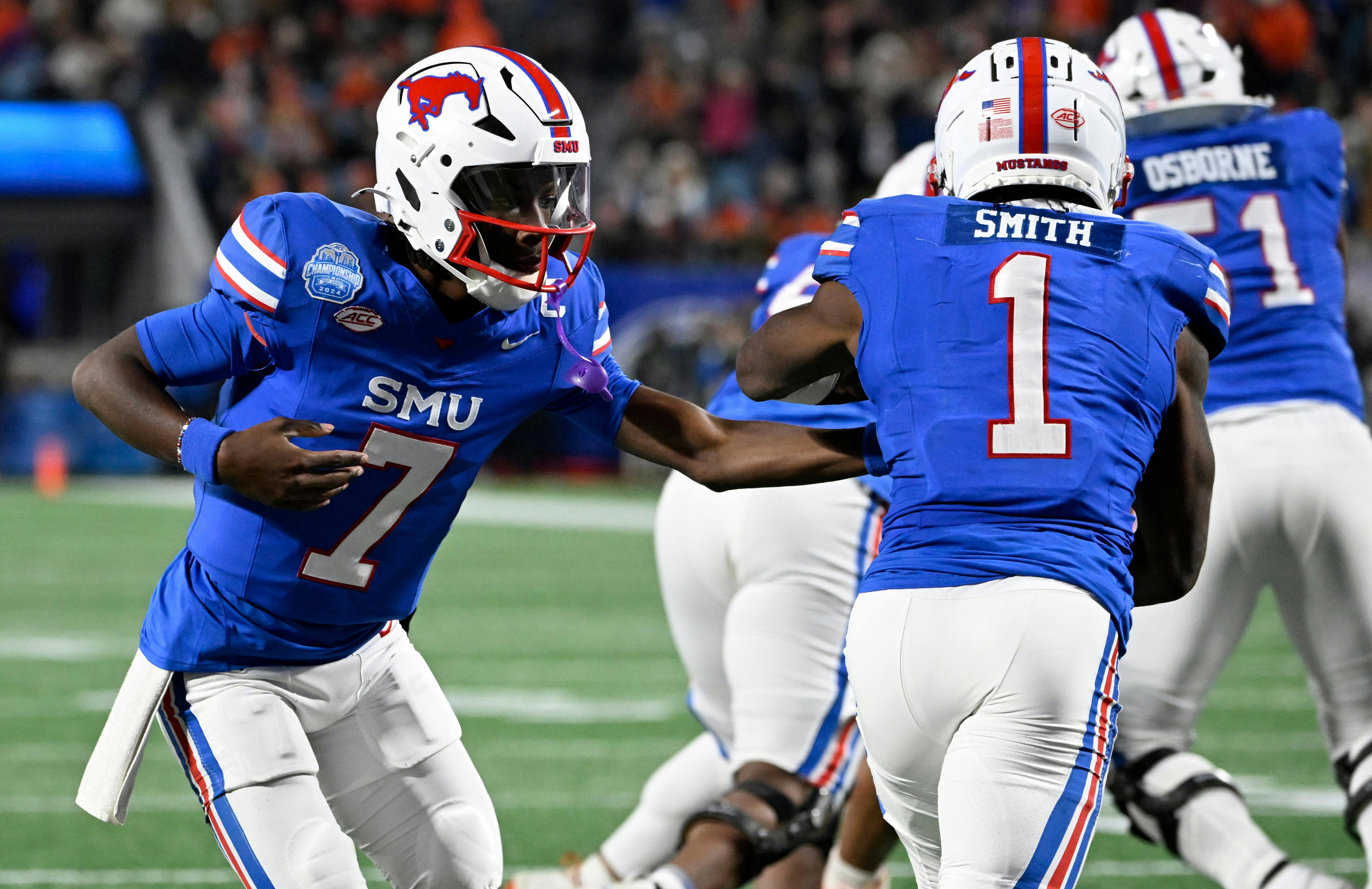 Southern Methodist Mustangs quarterback Kevin Jennings hands off to running back Brashard Smith, as we offer our SMU football 2025 season preview with way-too-early predictions, odds, and schedule.