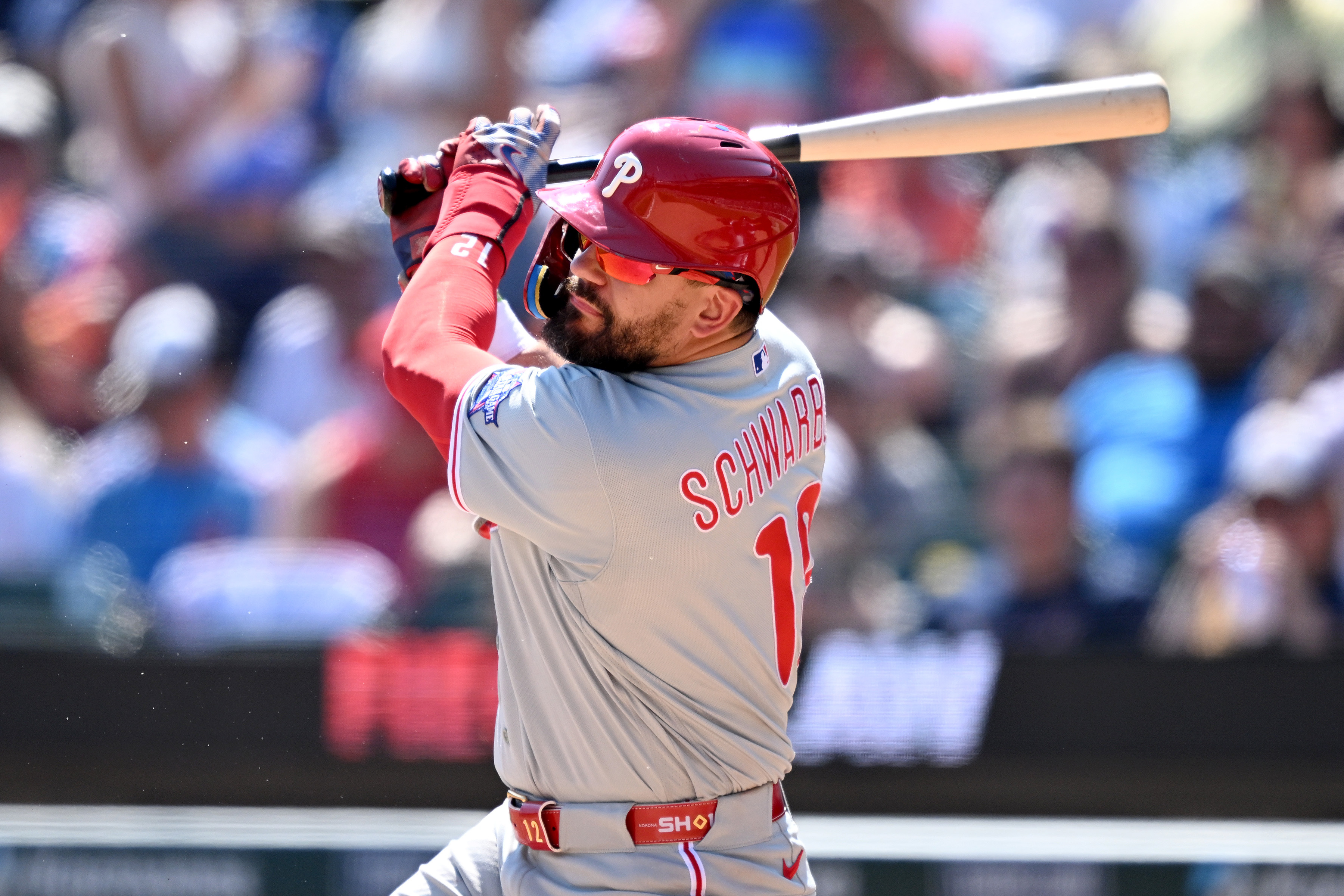 Philadelphia Phillies designated hitter Kyle Schwarber - who's featured in my home run derby predictions - hits.