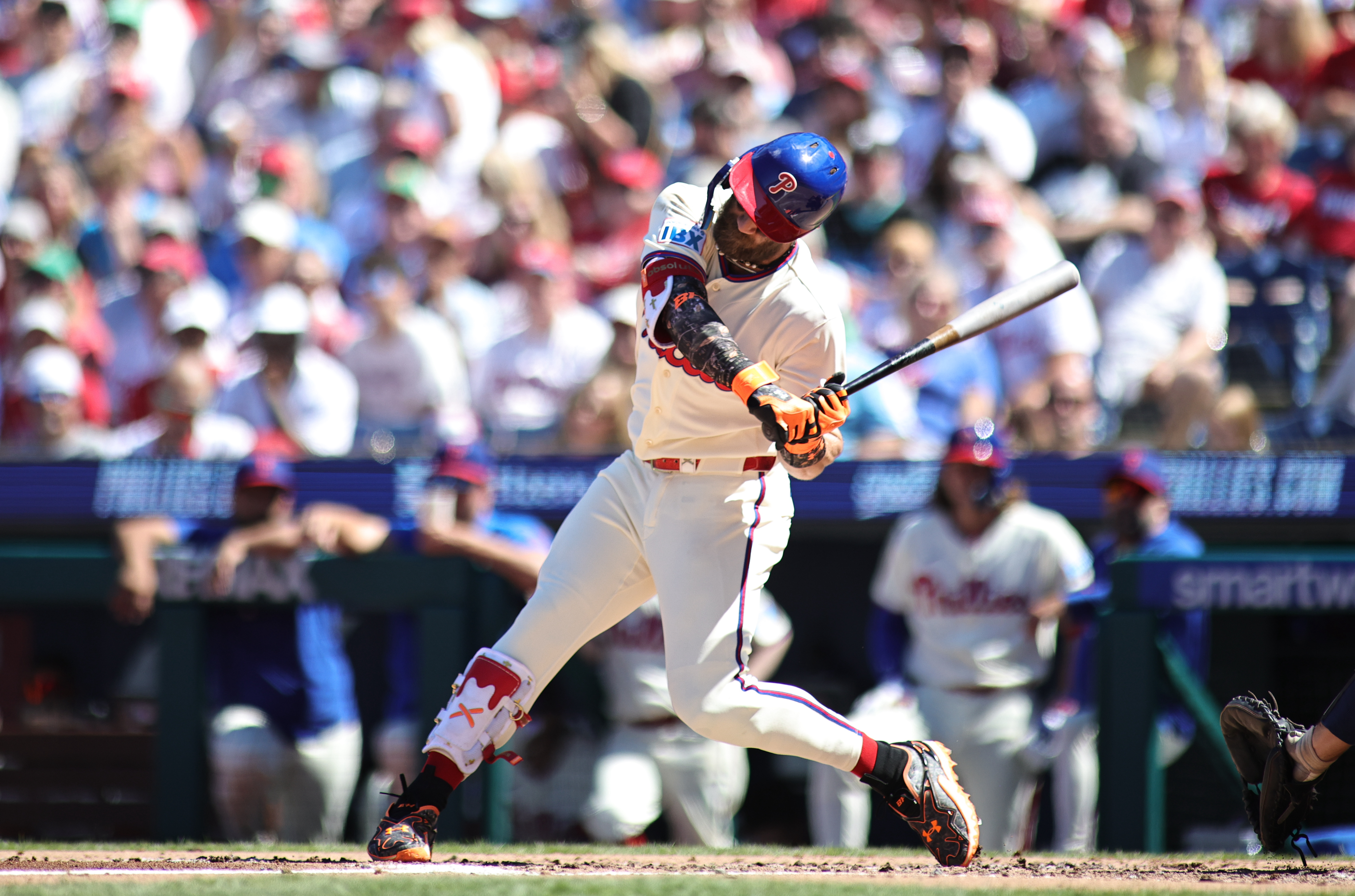 Bryce Harper at the dish as we break down our Best MLB HR Picks, Odds, Parlay for Today, Sep. 10. Photo by Jess Stiles/Sipa USA via Reuters Connect.