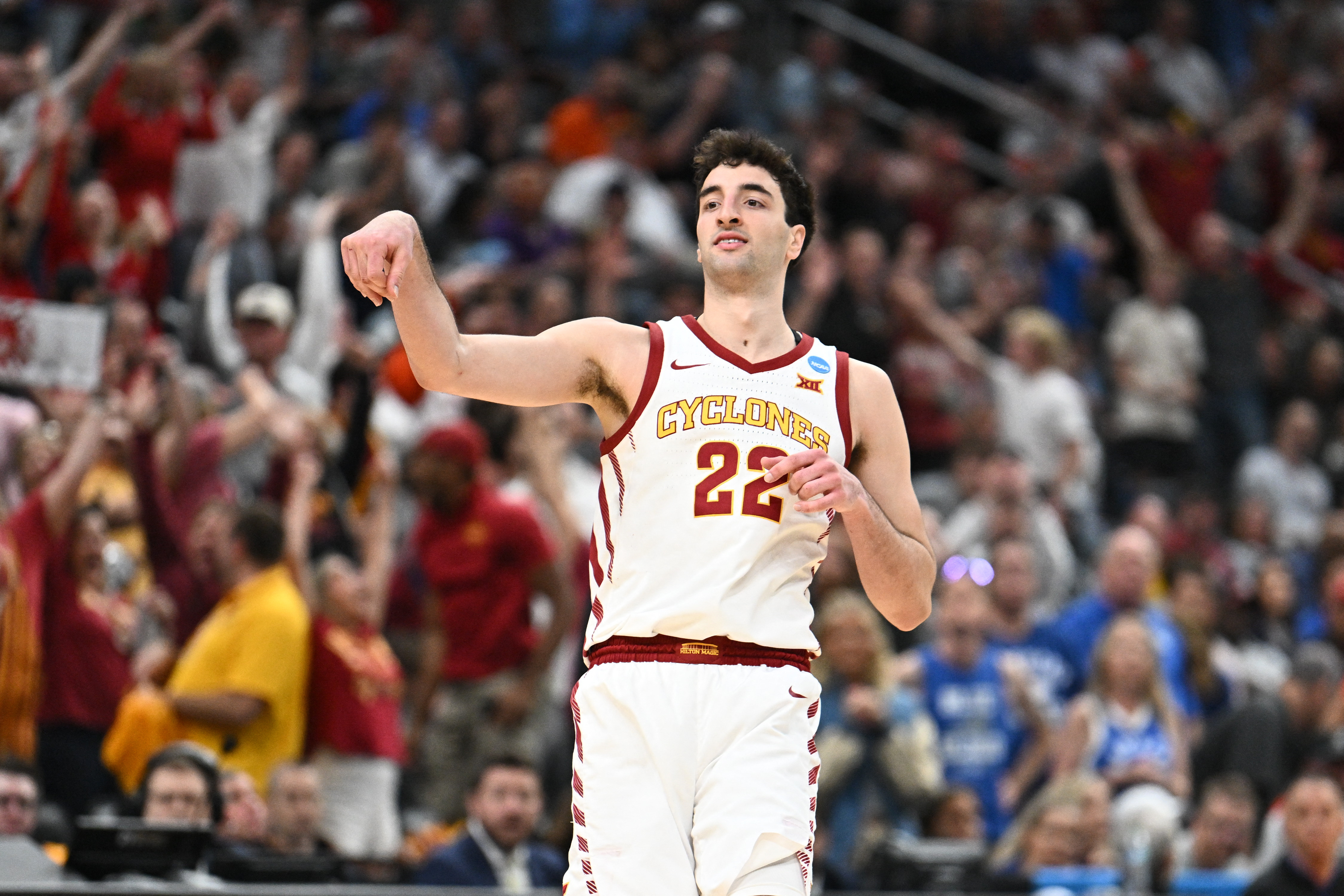 Iowa State Cyclones forward Milan Momcilovic (22) celebrates after a play as he is featured in our Tennessee vs. Iowa State player props.