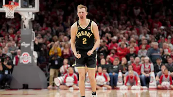 Fletcher Loyer of the Purdue Boilermakers reacts after making a shot as we look at the latest 2024 March Madness odds.