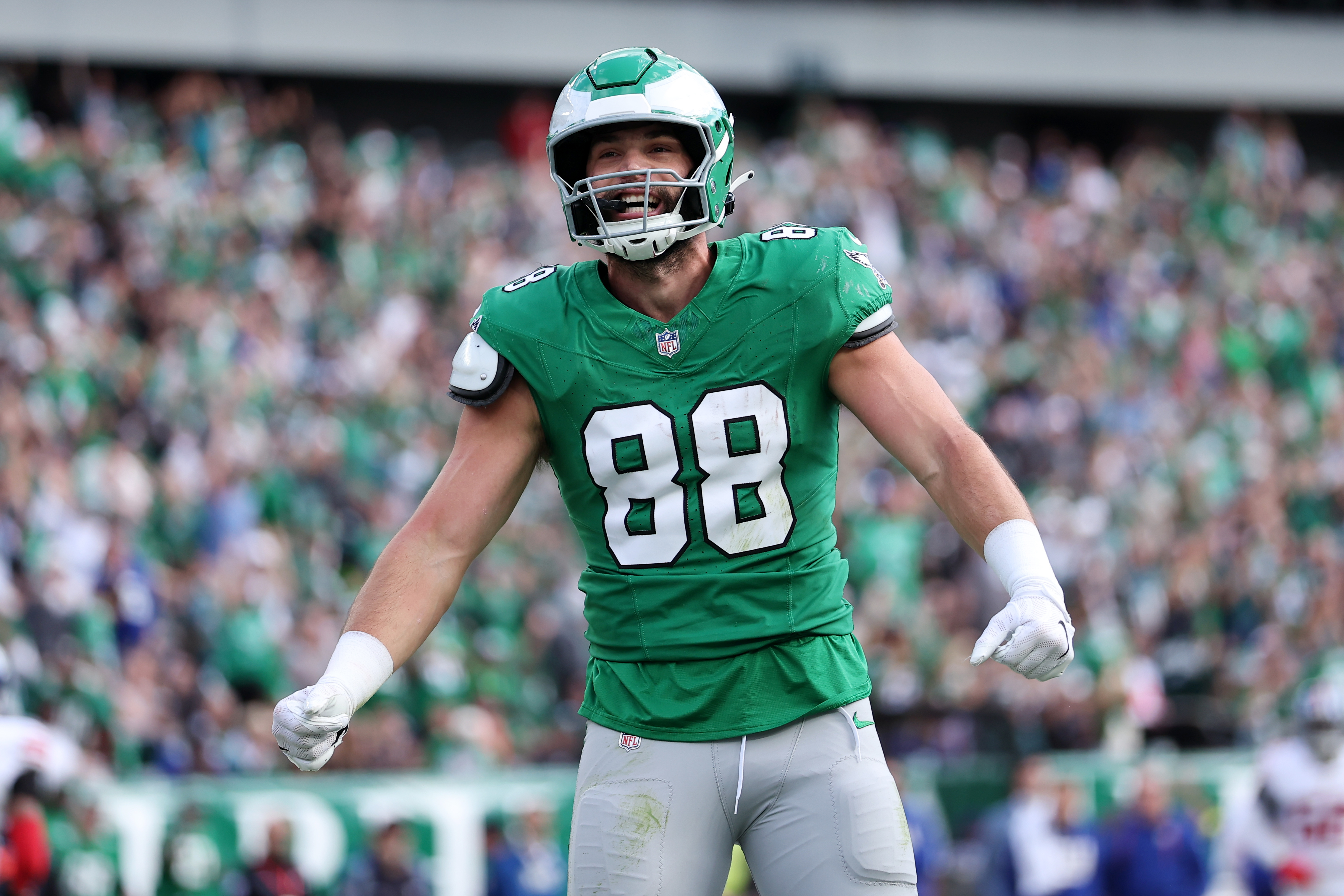 Philadelphia Eagles tight end Dallas Goedert (88), seen here after scoring a touchdown, leads our anytime touchdown scorer predictions for Eagles vs. Commanders.