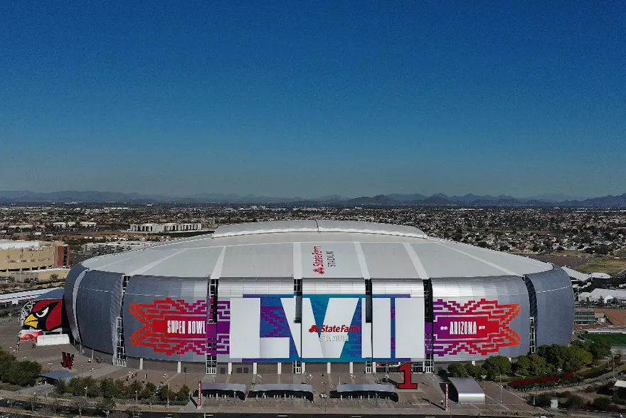 In an aerial view of State Farm Stadium on January 28, 2023 in Glendale, Arizona. State Farm Stadium will host the NFL Super Bowl LVII on February 12.