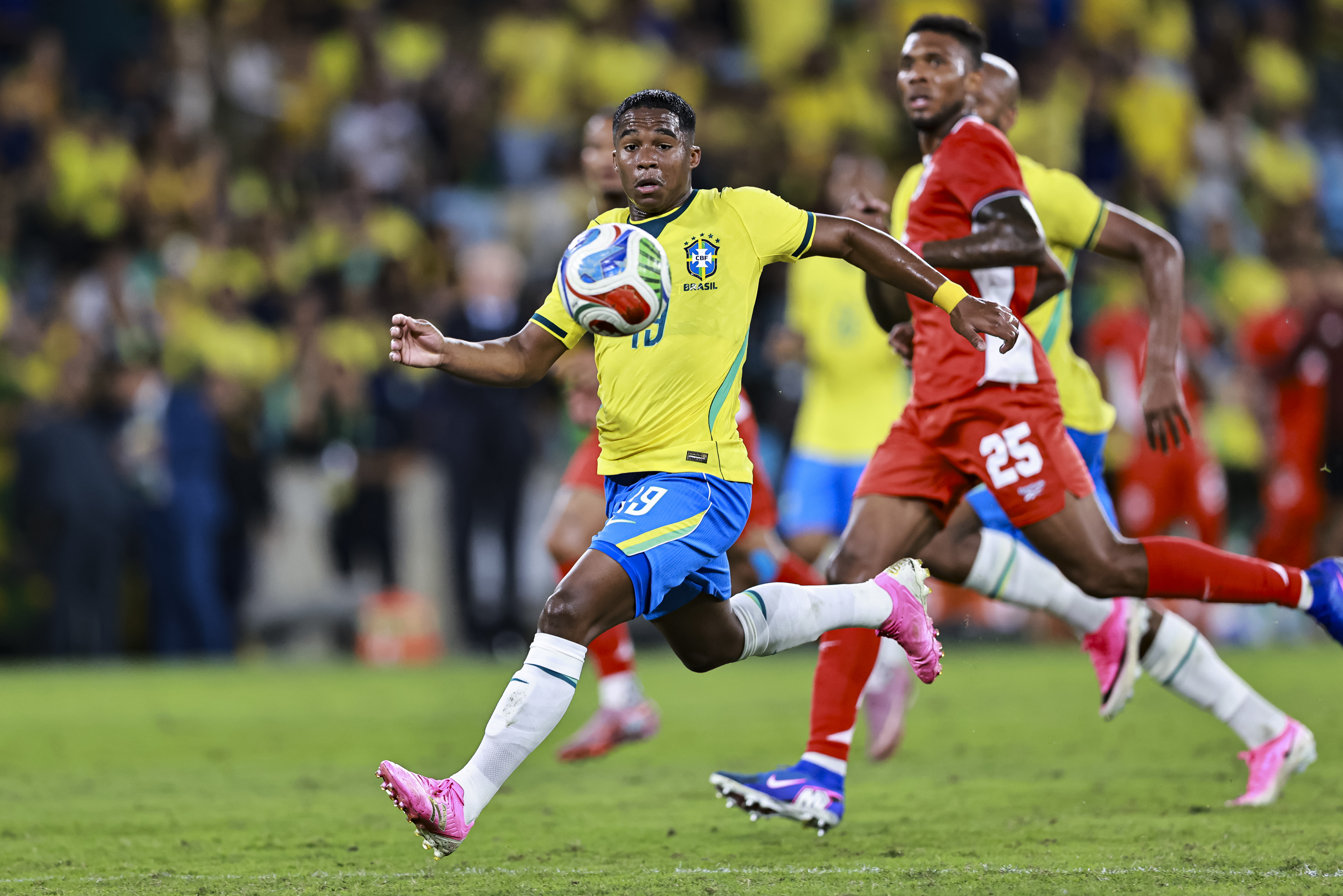 Endrick Sousa of Brazil in action during the International Friendly as we break down our  Brazil vs. Morocco prediction.