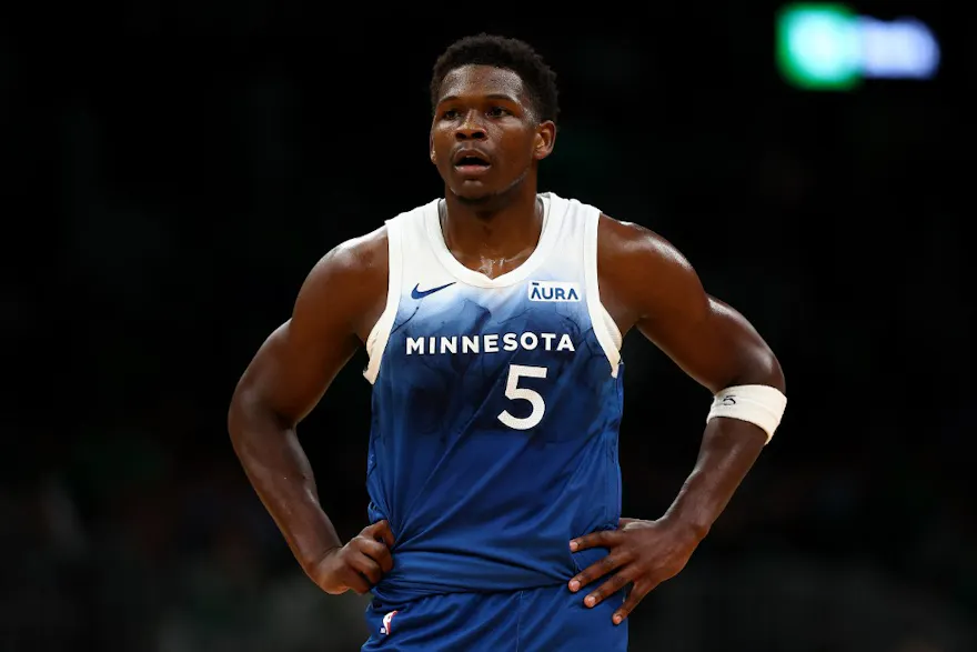 Anthony Edwards of the Minnesota Timberwolves looks on during the second quarter against the Boston Celtics at TD Garden as we look at our Timberwolves-Cavaliers NBA player props.