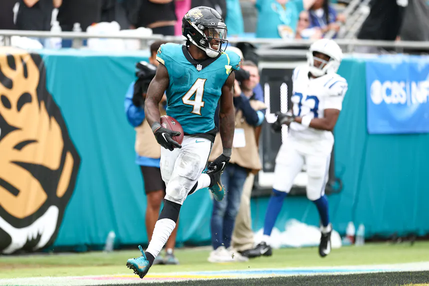 Jacksonville Jaguars running back Tank Bigsby scores a touchdown against the Indianapolis Colts. We're backing Bigsby in our Jaguars vs. Bears Parlay.