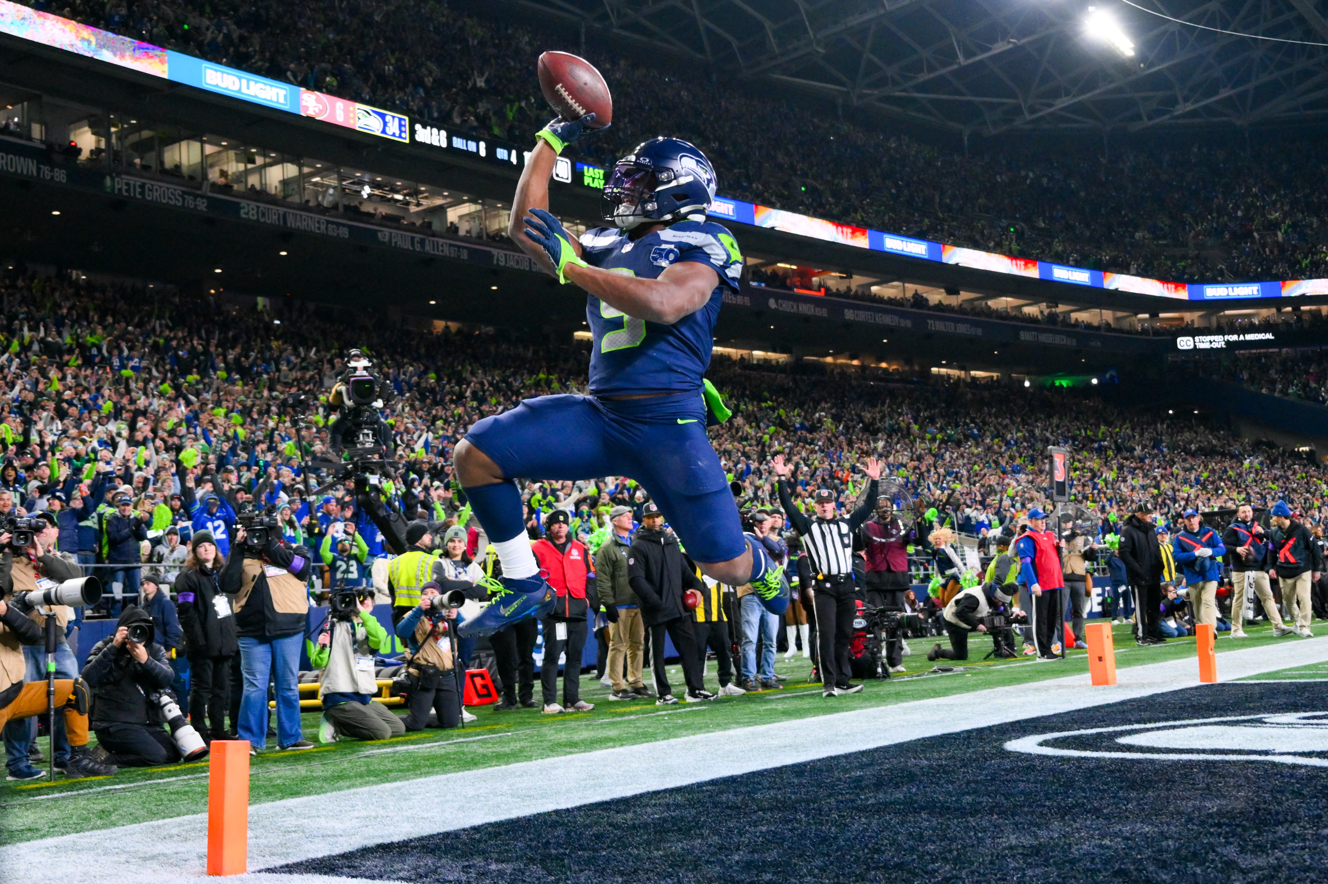 Seattle Seahawks running back Kenneth Walker III reacts after scoring a touchdown as we look at the anytime touchdown scorer odds for Super Bowl 60.