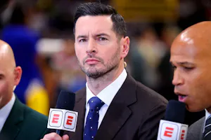 Former NBA player JJ Redick works for ESPN at Ball Arena, as we look at the latest Lakers next coach odds with Redick as the overwhelming favorite.