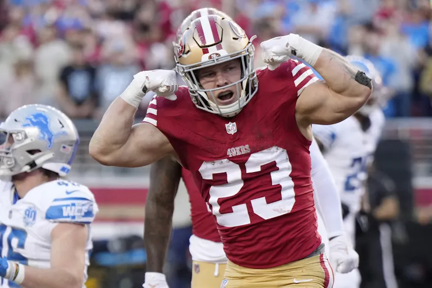 Christian McCaffrey of the San Francisco 49ers celebrates after scoring a touchdown during the second quarter against the Detroit Lions as we look at our bet365 promo code for the Big Game.