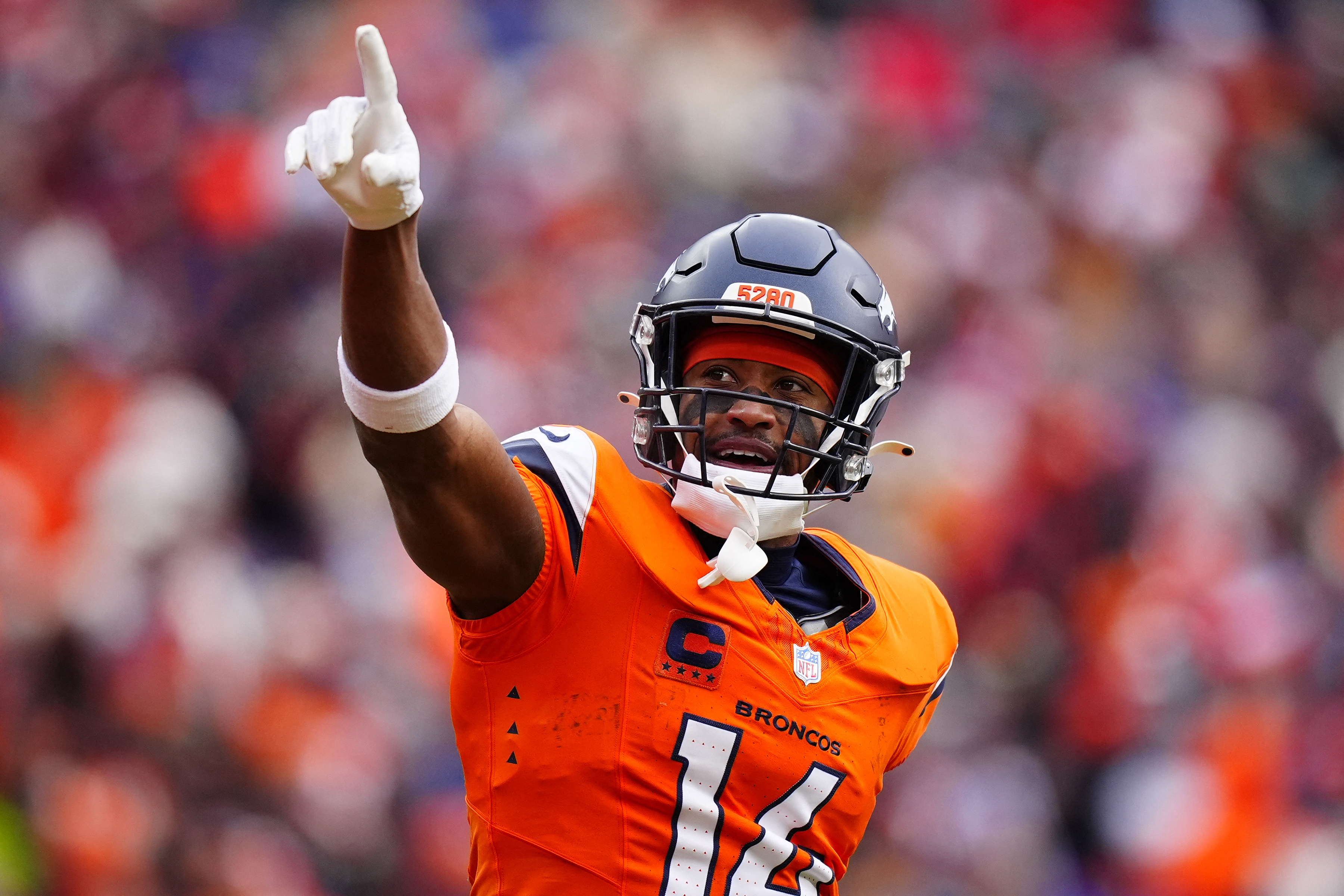 Denver Broncos wide receiver Courtland Sutton (14) reacts after catching a pass as we provide our Packers vs. Broncos prediction for the NFL preseason.