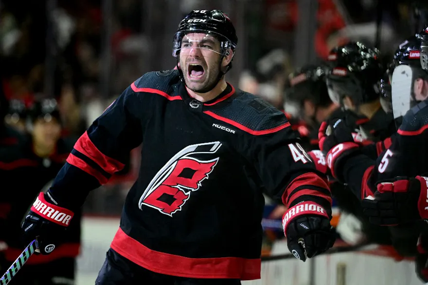Jordan Martinook celebrates scoring the game-winning goal against the New York Islanders as we make our expert prop picks and predictions for Game 3 of the Carolina Hurricanes-New York Islanders first-round series. 