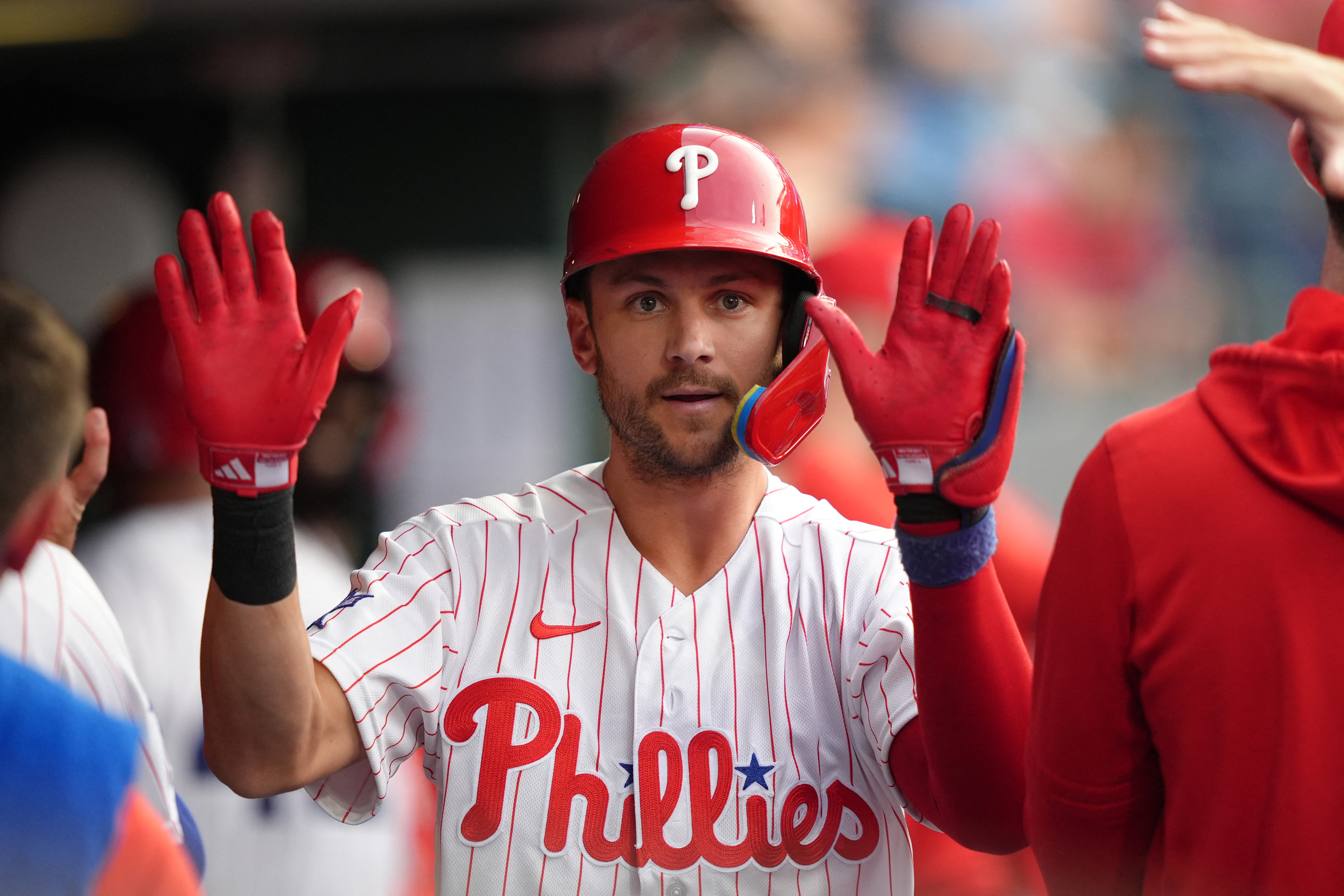 Philadelphia Phillies infielder Trea Turner (42), seen here celebrating, is featured in our Braves vs. Phillies prediction.