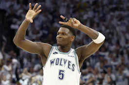 Anthony Edwards of the Minnesota Timberwolves celebrates against the Denver Nuggets during the fourth quarter in Game 6 of the NBA playoffs. We're backing Edwards in our Timberwolves  vs. Nuggets Player Props.