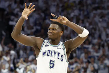 Anthony Edwards of the Minnesota Timberwolves celebrates against the Denver Nuggets during the fourth quarter in Game 6 of the NBA playoffs. We're backing Edwards in our Timberwolves  vs. Nuggets Player Props.
