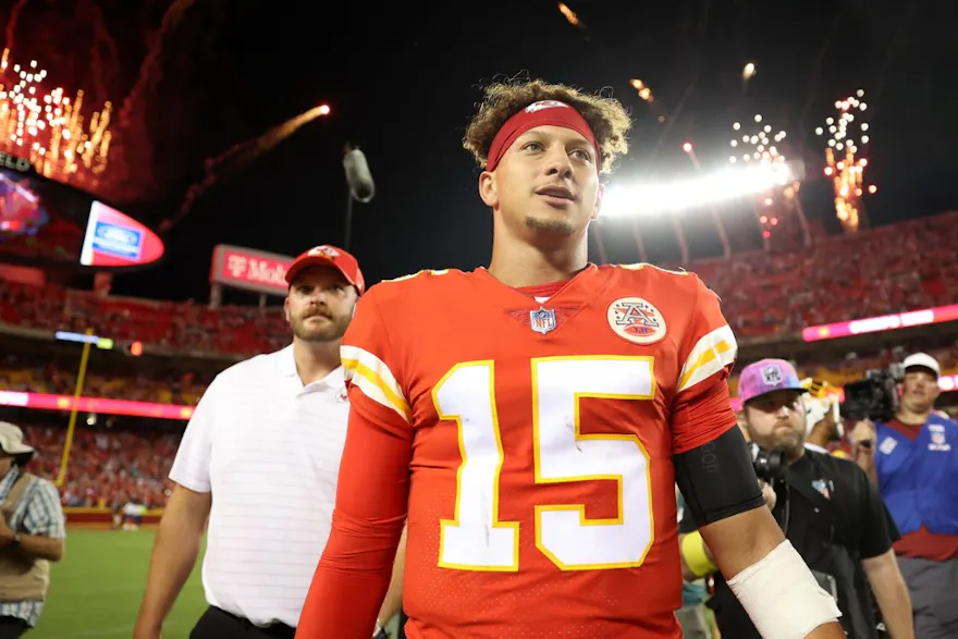 Patrick Mahomes #15 of the Kansas City Chiefs reacts as he walks off the field after defeating the Los Angeles Chargers 27-24 at Arrowhead Stadium on Sept. 15.