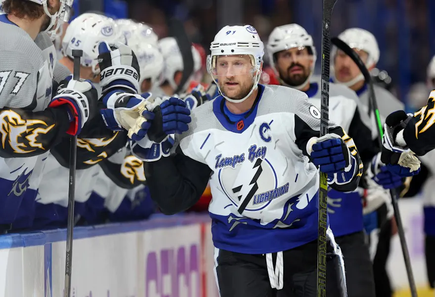 Steven Stamkos of the Tampa Bay Lightning celebrates a goal during a game against the Calgary Flames at Amalie Arena.