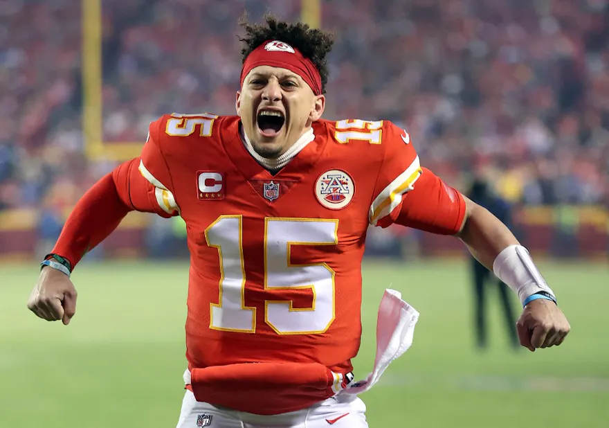 Patrick Mahomes of the Kansas City Chiefs pumps up the crowd as we look at our best Patrick Mahomes NFL player props for Super Bowl 2024.