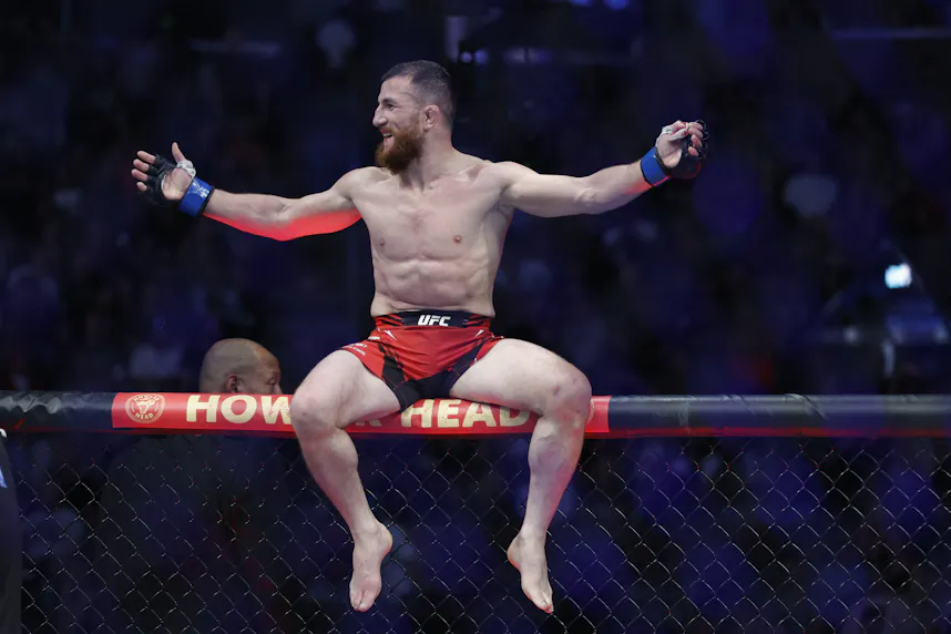 Merab Dvalishvili reacts after defeating Jose Aldo at UFC 278.