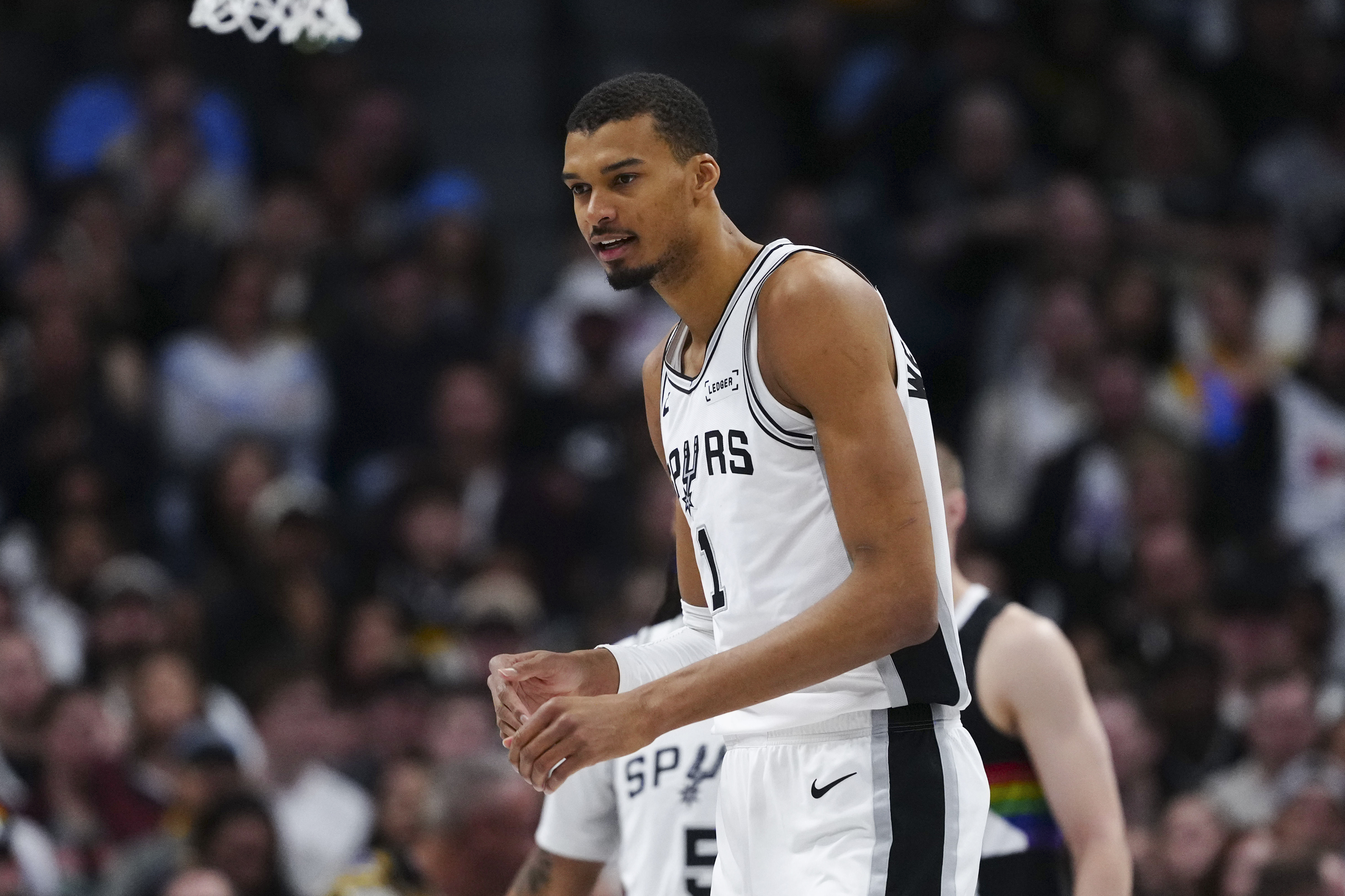 San Antonio Spurs forward Victor Wembanyama (1), seen here reacting during a game, is featured in our Trail Blazers vs. Spurs player props for Game 1.