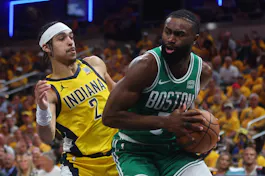 Andrew Nembhard (2) of the Indiana Pacers defends Jaylen Brown (7) of the Boston Celtics as we offer our best Celtics vs. Pacers player props for Game 4 of the Eastern Conference Finals at Gainbridge Fieldhouse on Monday.