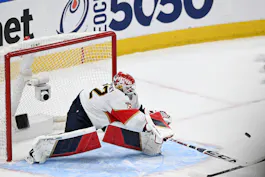 Florida Panthers goaltender Sergei Bobrovsky makes a save in the third period as we look at the best 2024 Conn Smythe odds.