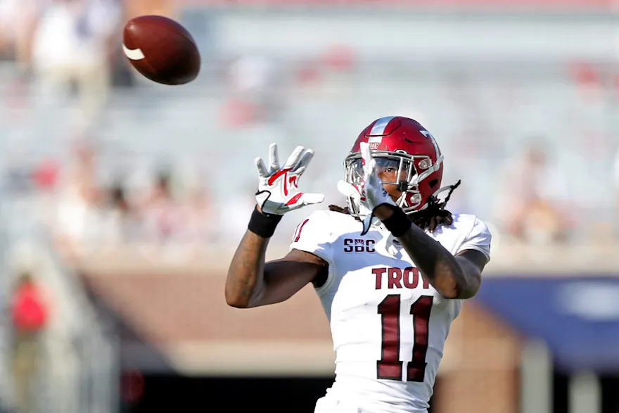 Deshon Stoudemire of the Troy Trojans catches a pass against the Troy Trojans during the second half at Vaught-Hemingway Stadium on September 03, 2022 in Oxford, Mississippi. 