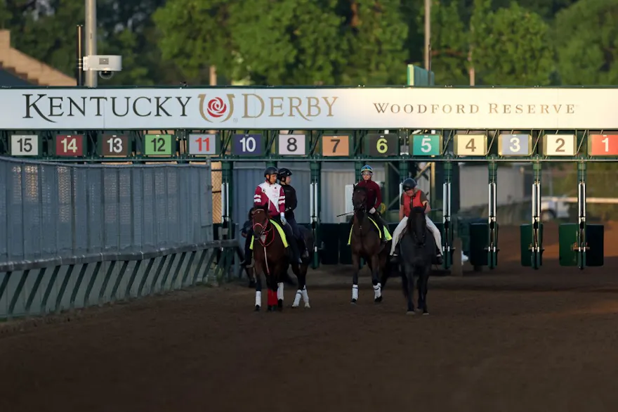 Forever Young and T O Password walk on the track during morning workouts as we offer our FanDuel Racing promo code.
