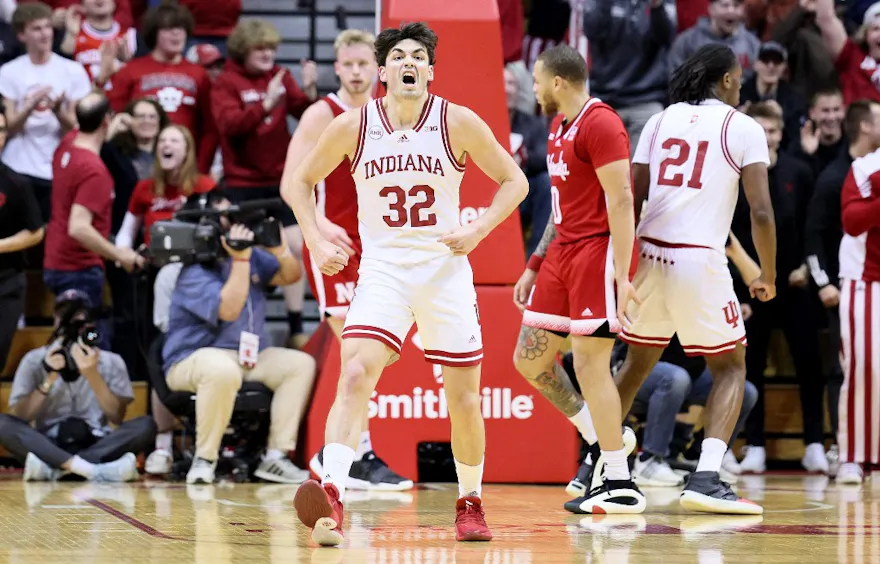 Trey Galloway #32 of the Indiana Hoosiers celebrates as we look at Fanatics Sportsbook launching in Indiana.
