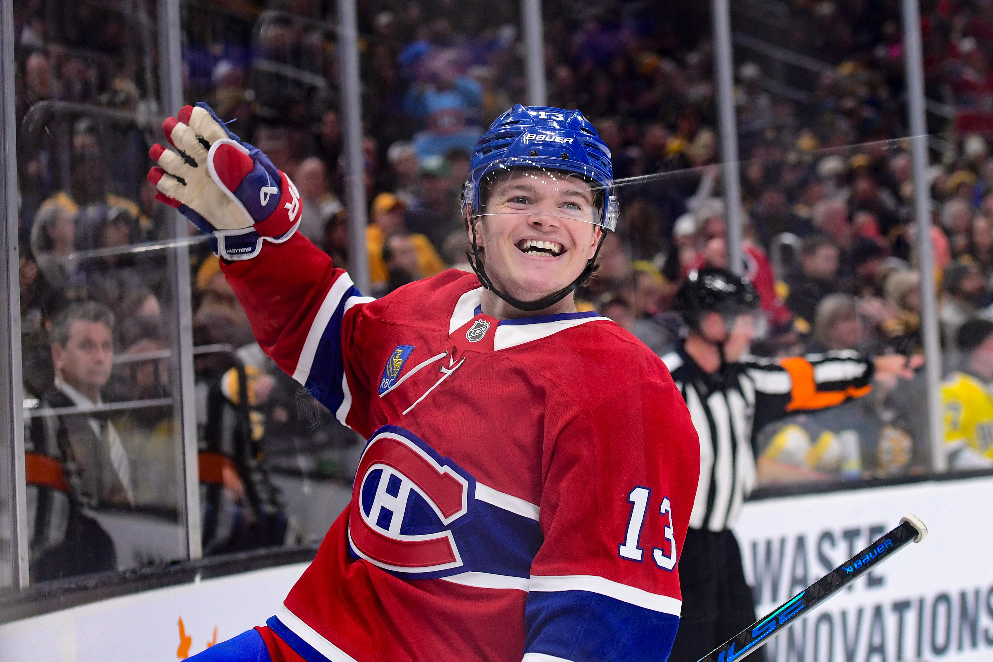 Montreal Canadiens forward Cole Caufield (13) reacts after scoring as we offer our NHL anytime goal scorer predictions tonight.