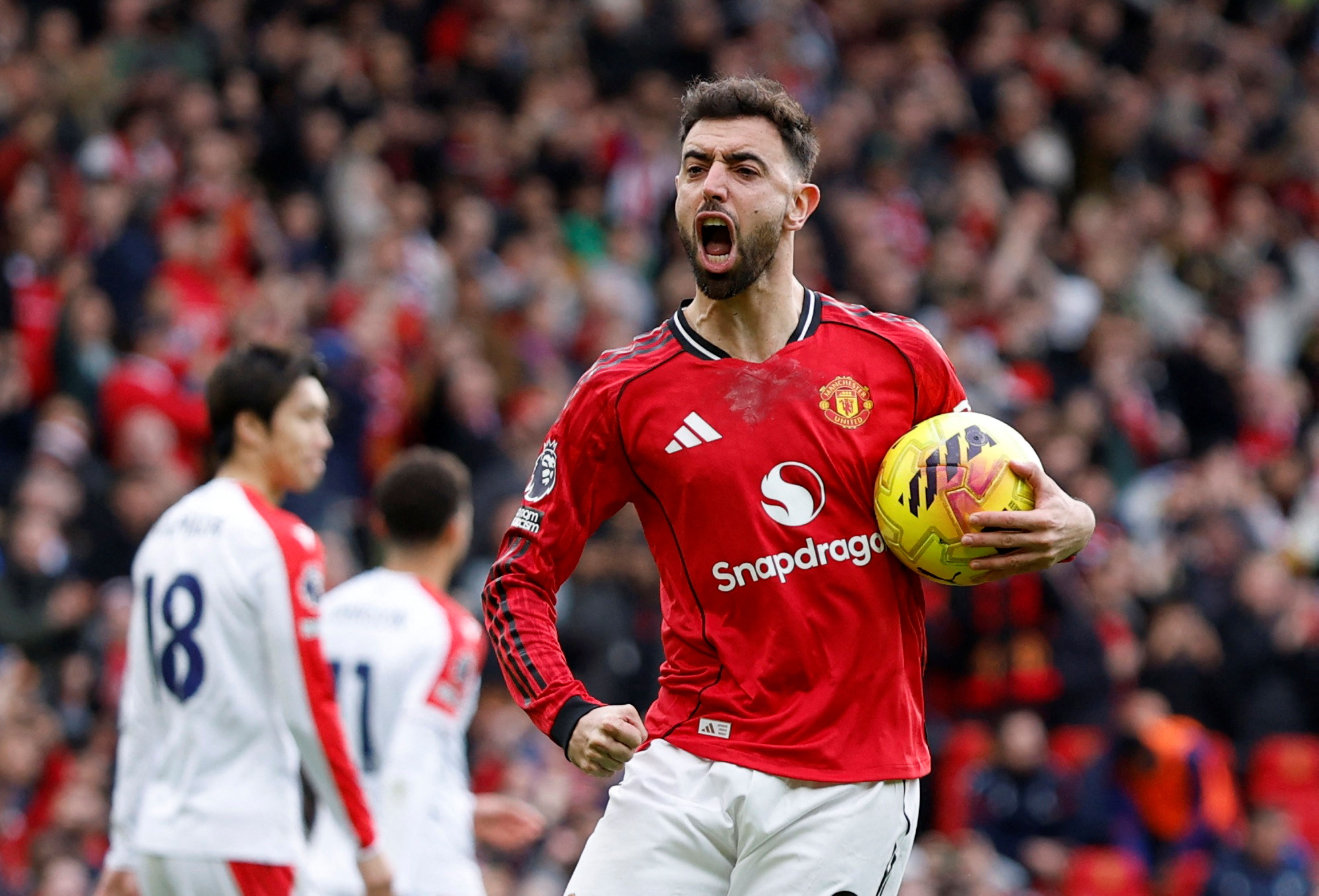Manchester United's Bruno Fernandes celebrates, and he's key as we look at our Manchester vs. Brentford prediction