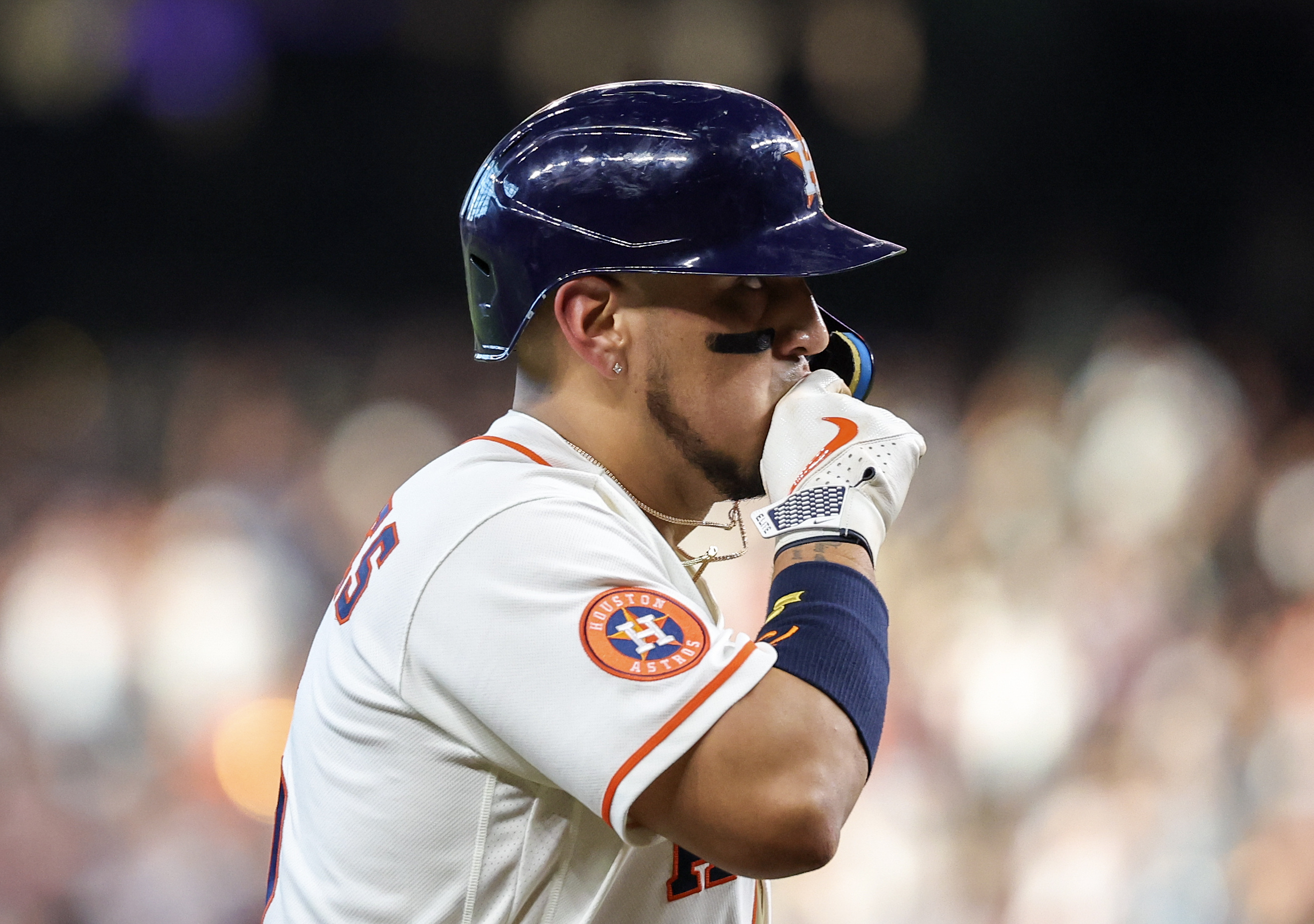 Astros third baseman Isaac Paredes (15) reacts as we break down our Astros vs. Mariners prediction.
