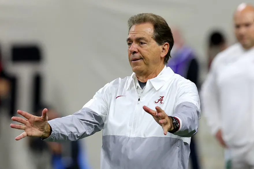 Head coach Nick Saban of the Alabama Crimson Tide looks on during pregame warm-ups prior to a game against the Georgia Bulldogs in the 2022 CFP National Championship.