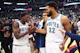 Anthony Edwards (5) and Karl-Anthony Towns (32) of the Minnesota Timberwolves celebrate as we offer our best Mavericks vs. Timberwolves player props for Game 1 of the Western Conference Finals at Target Center on Wednesday.