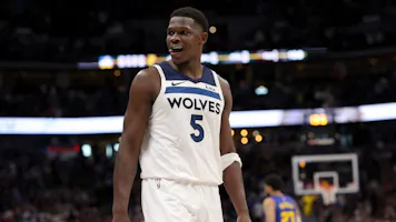 Anthony Edwards (5) of the Minnesota Timberwolves celebrates against the Denver Nuggets, as we offer our best Timberwolves vs. Nuggets player props for Game 2 on Monday.