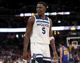 Anthony Edwards (5) of the Minnesota Timberwolves celebrates against the Denver Nuggets, as we offer our best Timberwolves vs. Nuggets player props for Game 2 on Monday.
