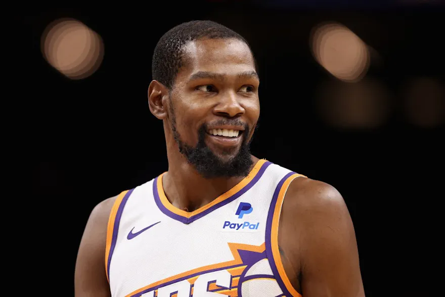 Kevin Durant #35 of the Phoenix Suns reacts as we make our Suns vs. Lakers NBA player prop picks and predictions.